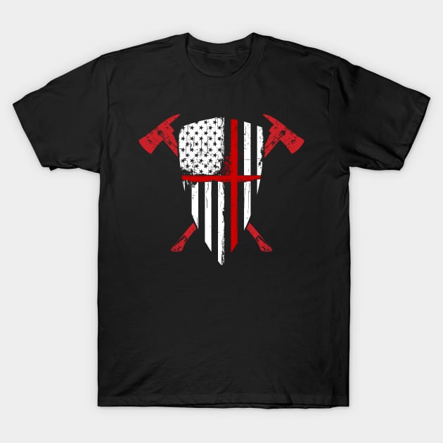 Red Line Crusader USA Flag Shield Crossed Fireman Axes T-Shirt by Xeire